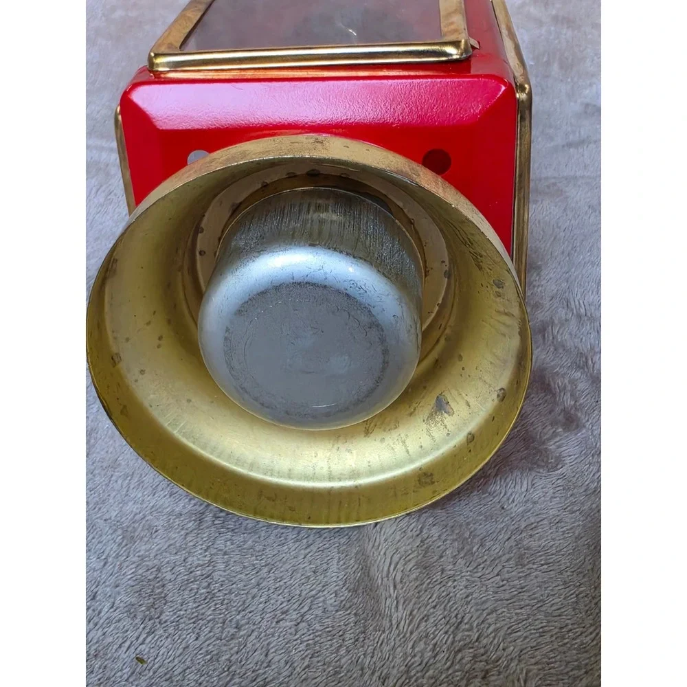Vintage Red Metal and Brass Miniature Oil Lantern Glass Hurricane Lamp 7.5 inch